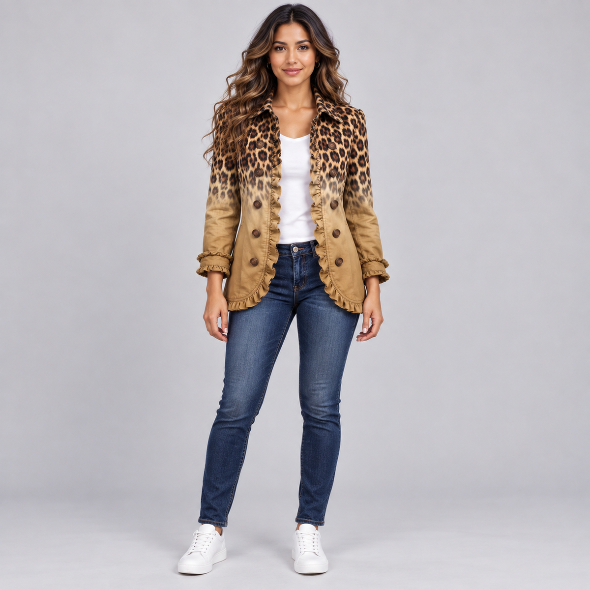 Blazer de mujer en mezcla de algodón con volantes y doble botonadura