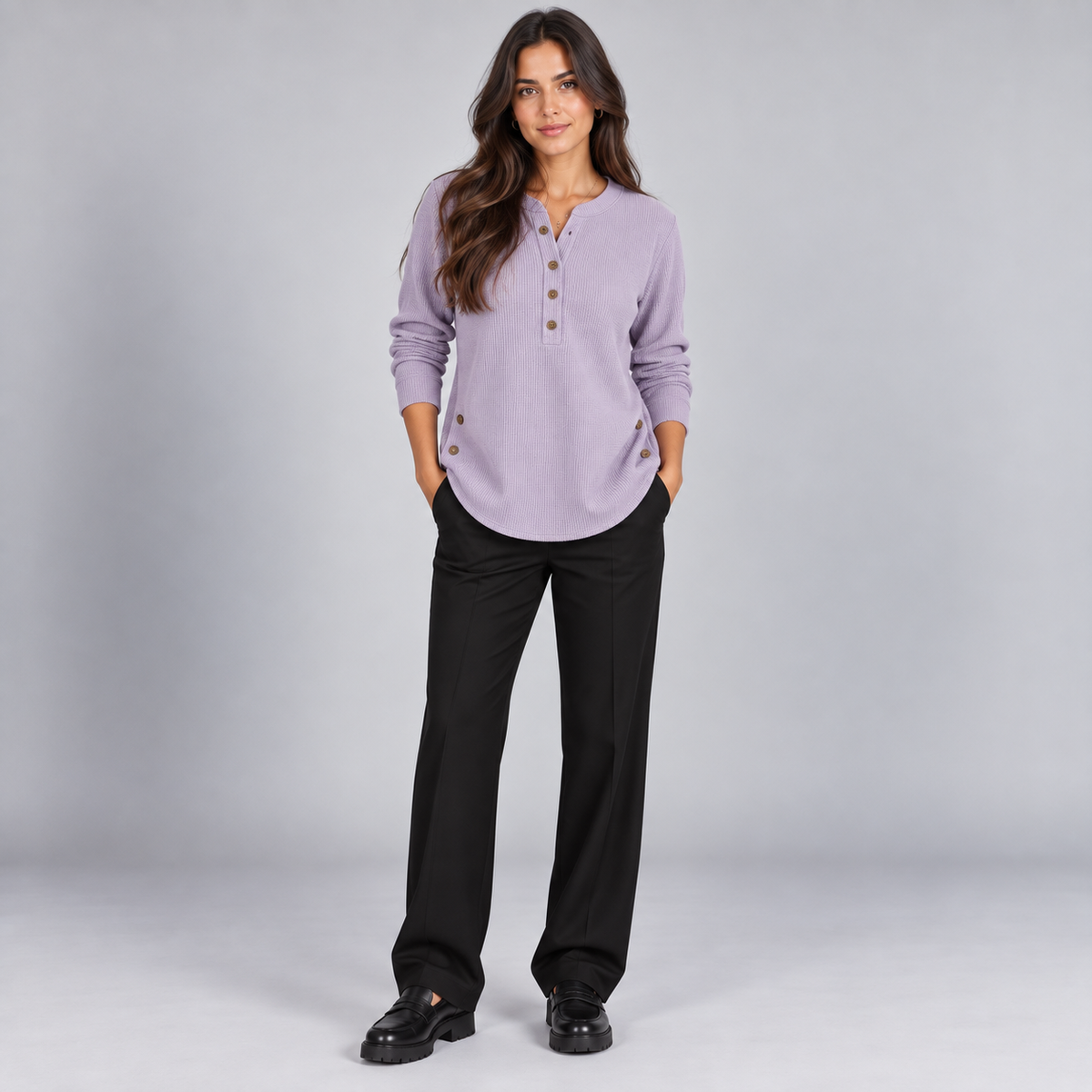 Suéter de punto Henley largo para mujer | Ajuste relajado | Detalles de botones laterales, tapeta de botones flexible | Casual elegante