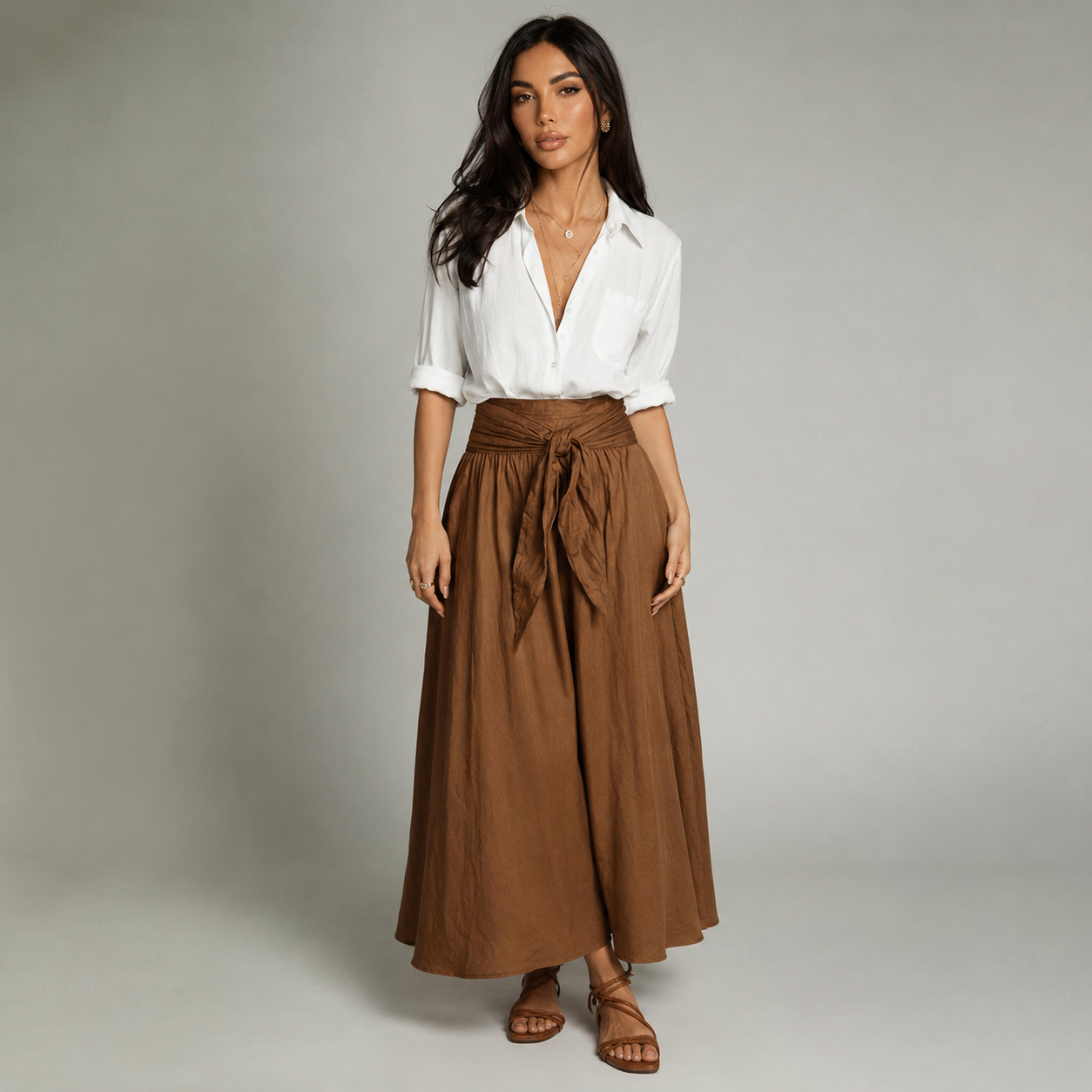 Noor - Elegante conjunto de lino para mujer con cinturón de lazo y falda amplia