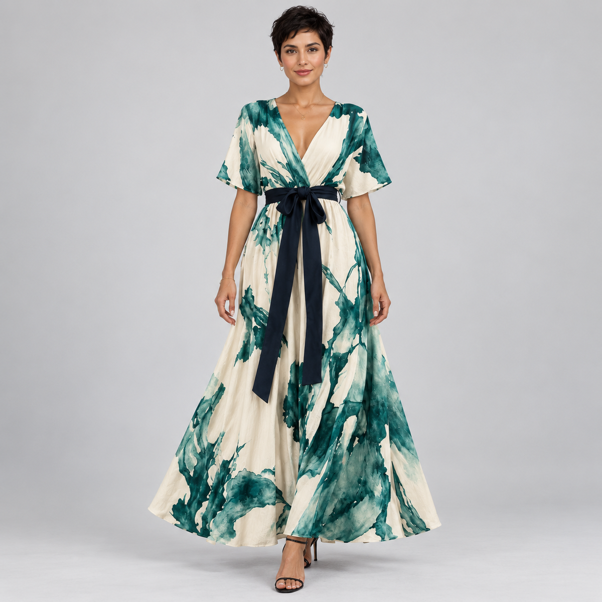 Women's Long Dress with V-Neck Wrap and Belt