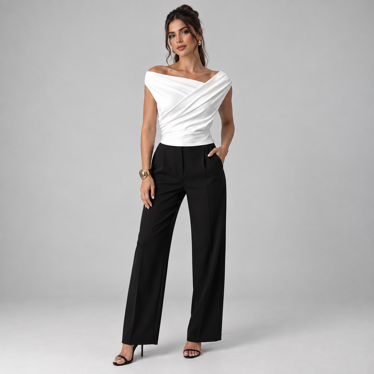 Top para mujer con hombro drapeado | Ajuste holgado | Detalle de hombro drapeado, cintura fruncida, ajuste cómodo | Ropa de trabajo, ropa de noche