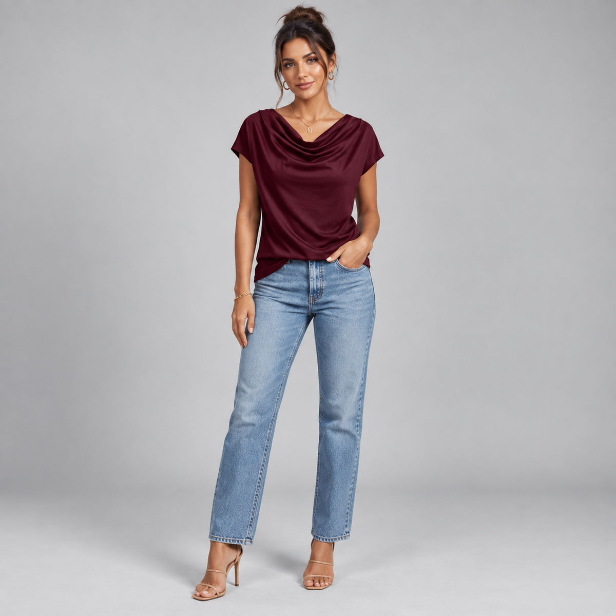 Top de Jersey Elástico para Mujer con Cuello Vuelto | Ajuste Slim | Cuello Alto, Mangas Largas, Comodidad Elástica | De Oficina a Noche