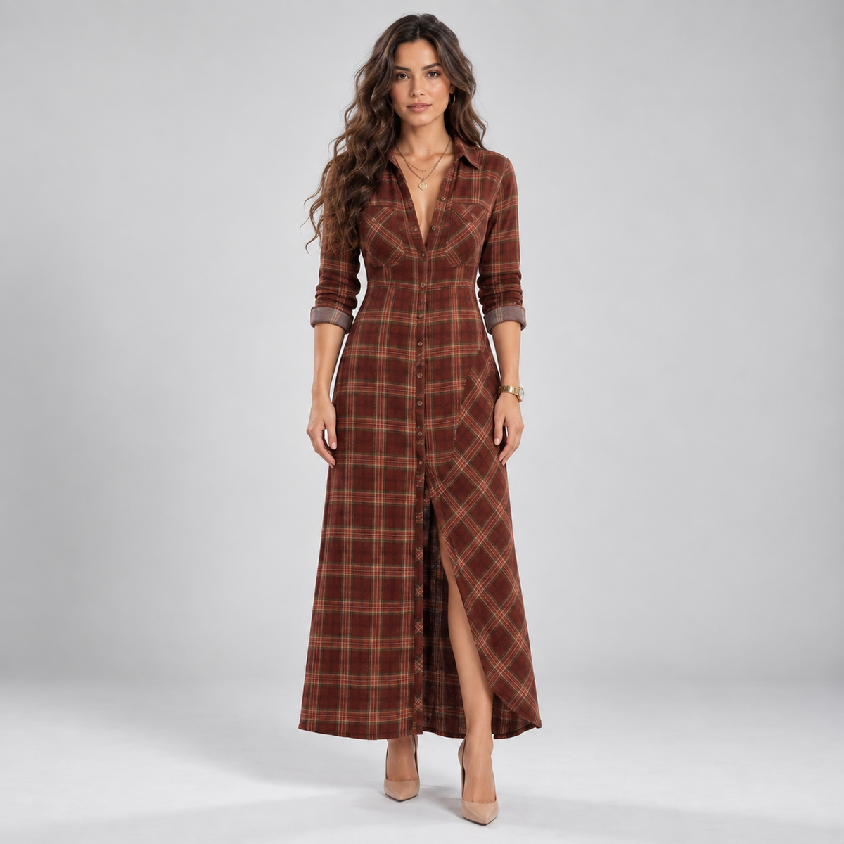 Vestido Largo Camisero de Franela a Cuadros | Botonadura Frontal y Corte Cómodo | Estilo Campestre para Otoño y Brunch
