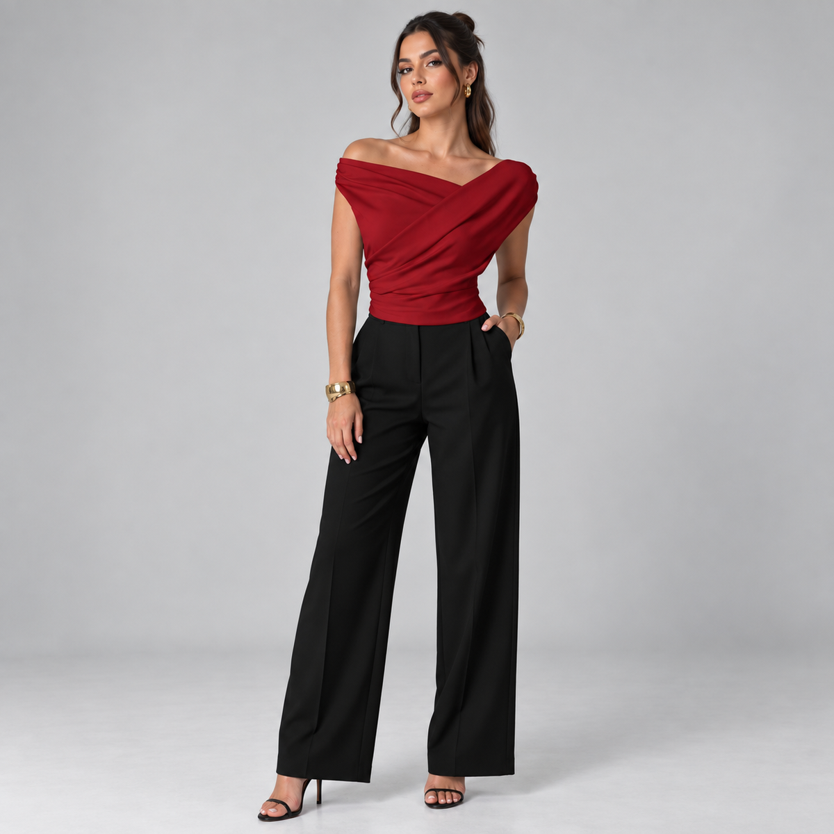 Top para mujer con hombro drapeado | Ajuste holgado | Detalle de hombro drapeado, cintura fruncida, ajuste cómodo | Ropa de trabajo, ropa de noche