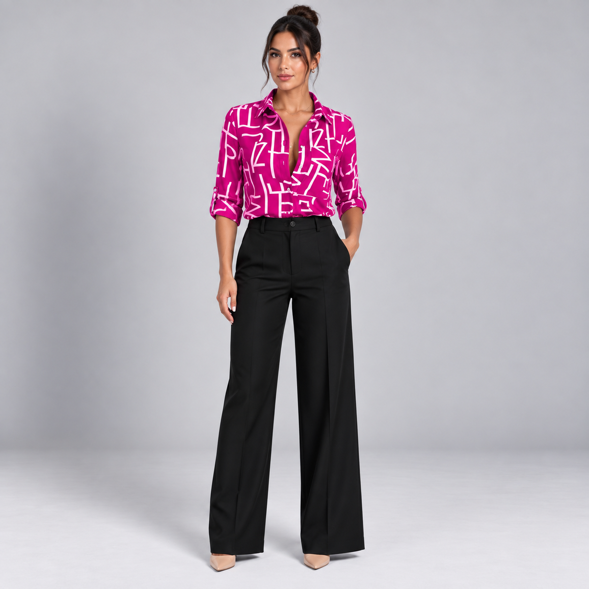Blusa de Satén para Mujer con Estampado Geométrico | Corte Regular | Abotonada, Manga Larga, Resistente a Arrugas | Ropa de Trabajo, Ropa de Noche