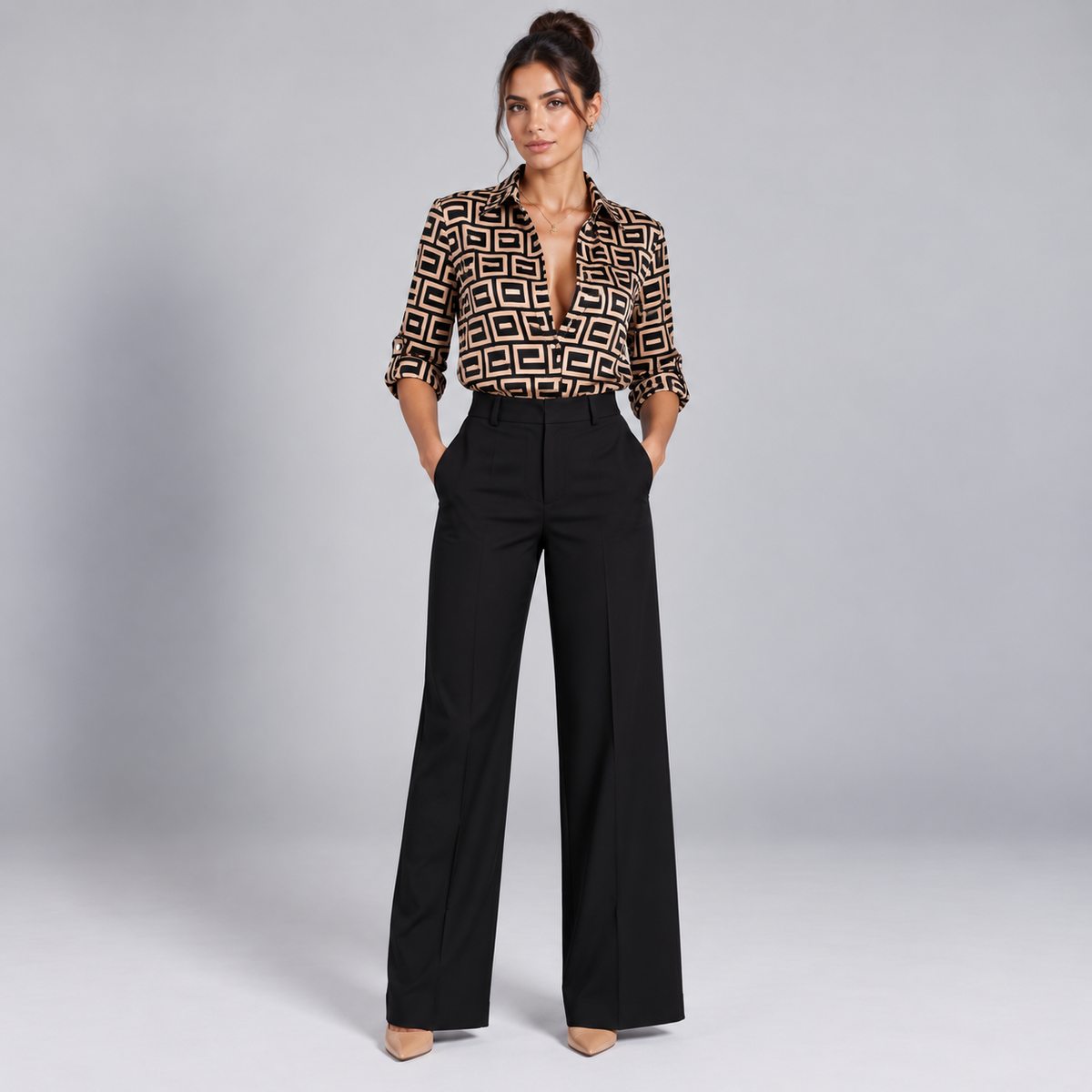 Blusa de Satén para Mujer con Estampado Geométrico | Corte Regular | Abotonada, Manga Larga, Resistente a Arrugas | Ropa de Trabajo, Ropa de Noche