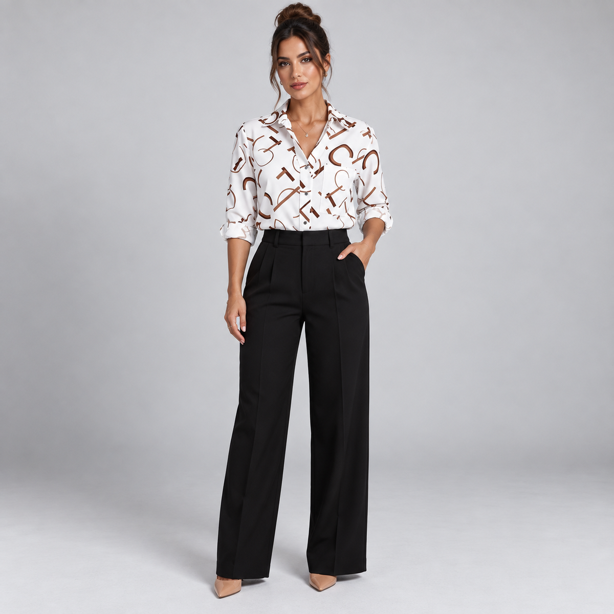 Blusa de Satén para Mujer con Estampado Geométrico | Corte Regular | Abotonada, Manga Larga, Resistente a Arrugas | Ropa de Trabajo, Ropa de Noche