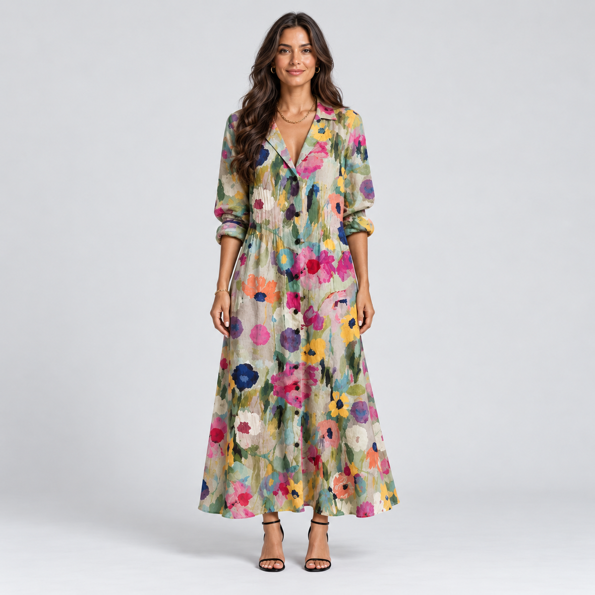 Vestido largo para mujer con escote en V y estampado de flores
