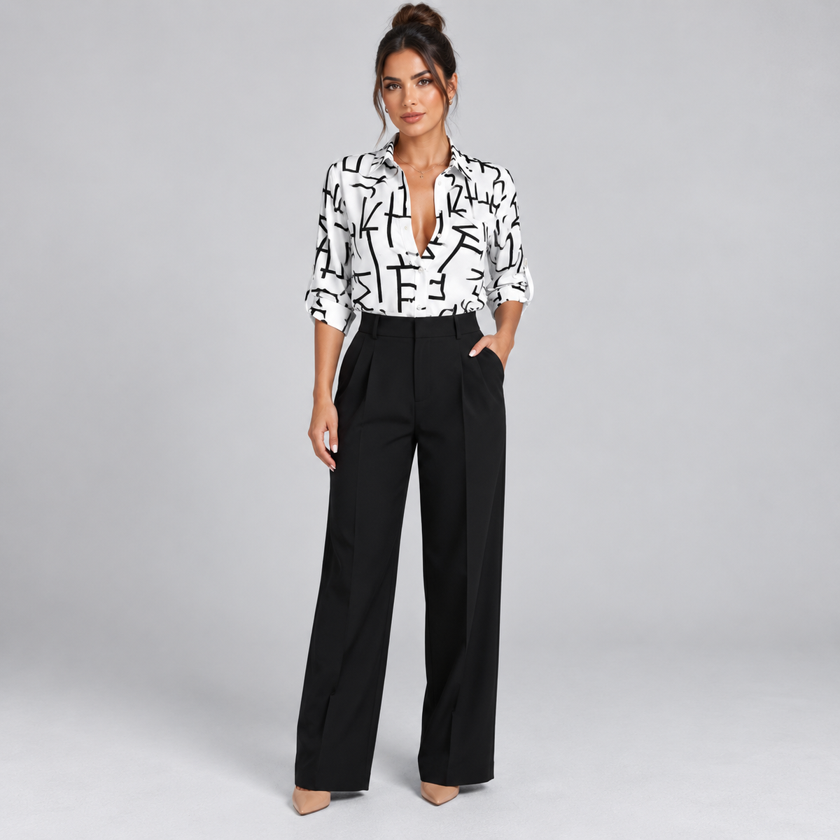 Blusa de Satén para Mujer con Estampado Geométrico | Corte Regular | Abotonada, Manga Larga, Resistente a Arrugas | Ropa de Trabajo, Ropa de Noche
