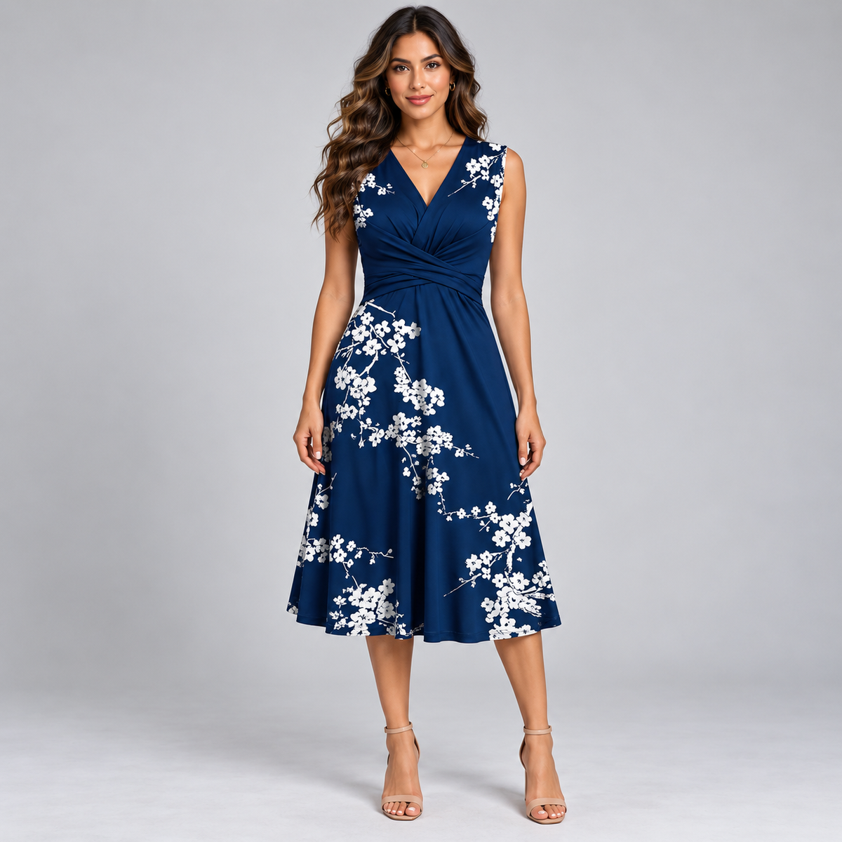 Vestido midi de mujer con escote en V y corte entallado