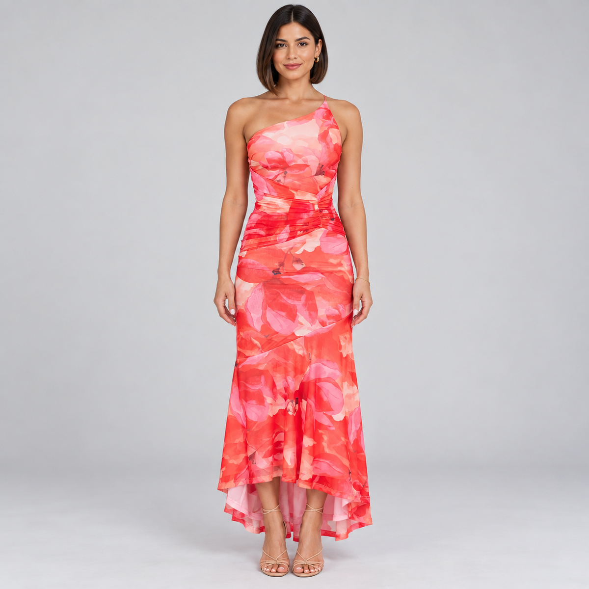 Vestido de Mujer con Estampado Floral, Hombro Único y Dobladillo Asimétrico