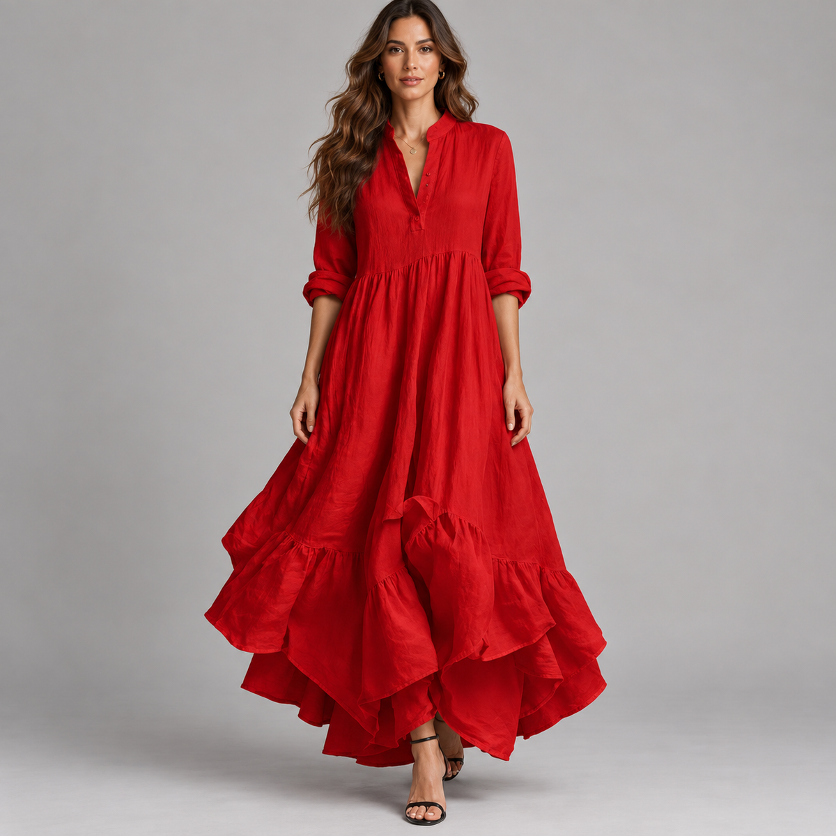 Vestido largo de mujer con escote en V y falda fluida