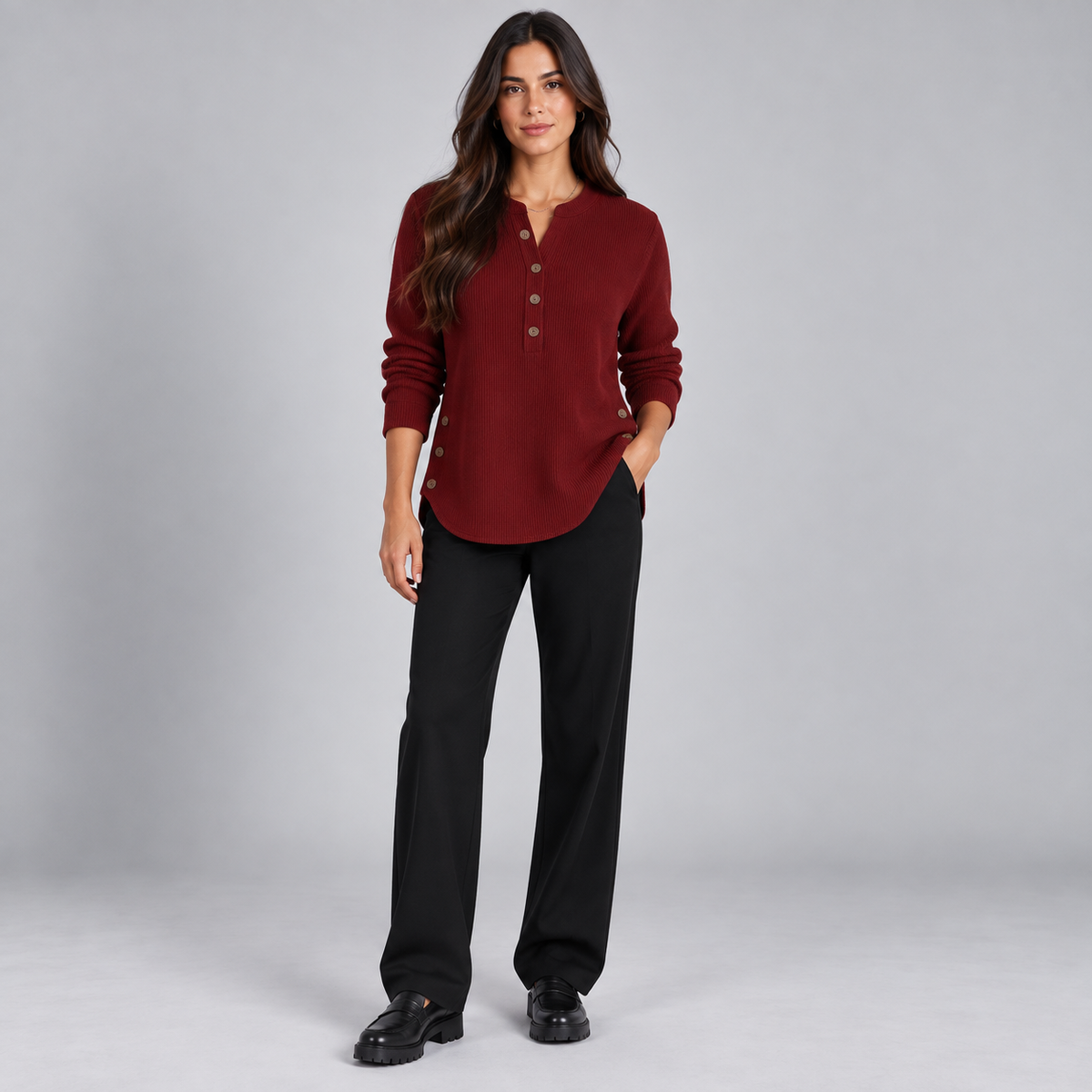 Suéter de punto Henley largo para mujer | Ajuste relajado | Detalles de botones laterales, tapeta de botones flexible | Casual elegante