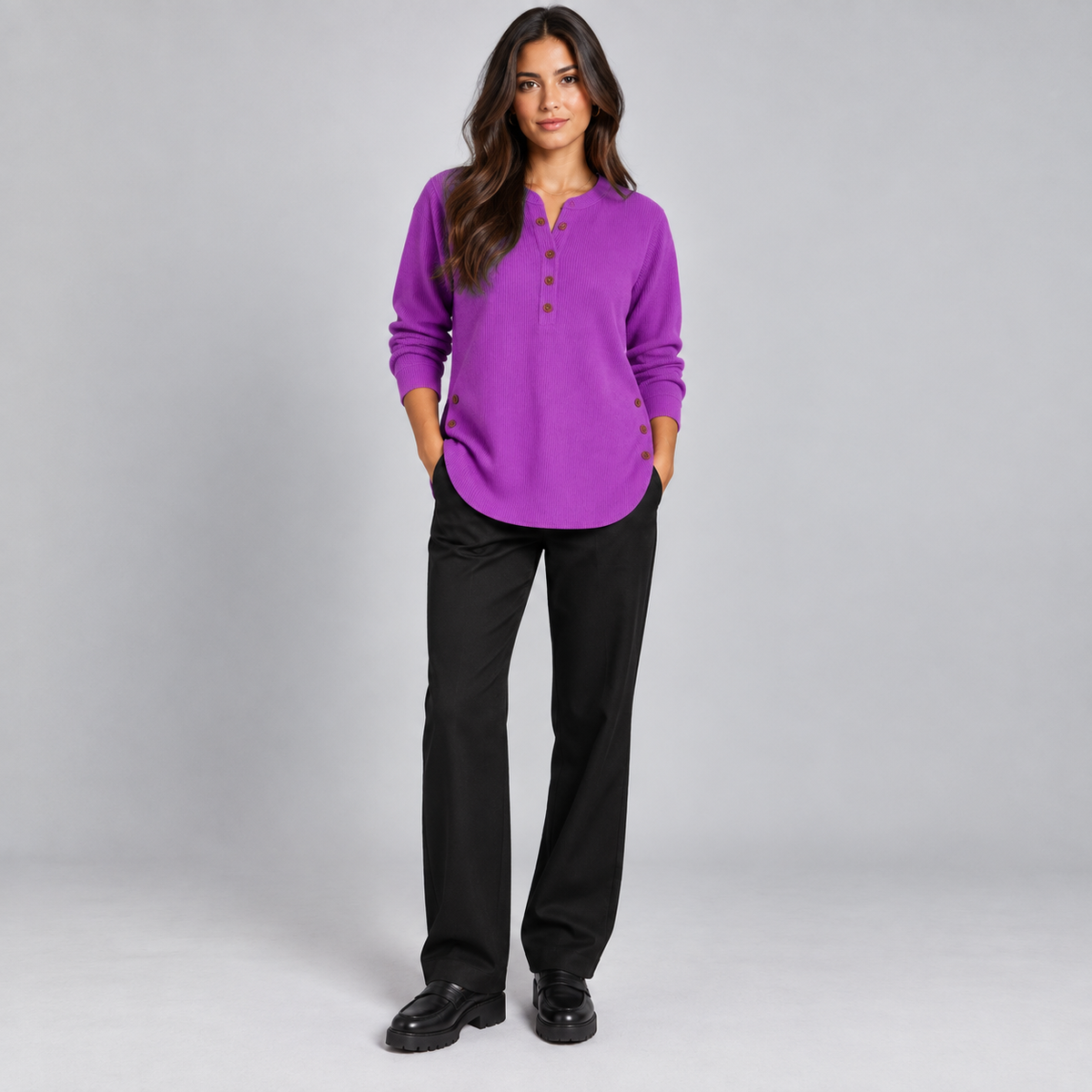 Suéter de punto Henley largo para mujer | Ajuste relajado | Detalles de botones laterales, tapeta de botones flexible | Casual elegante
