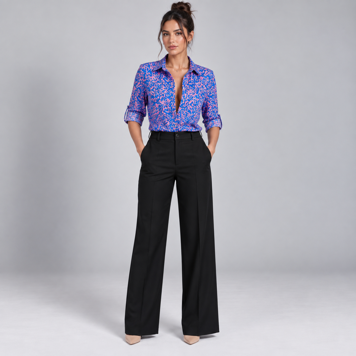 Blusa de Satén para Mujer con Estampado Geométrico | Corte Regular | Abotonada, Manga Larga, Resistente a Arrugas | Ropa de Trabajo, Ropa de Noche
