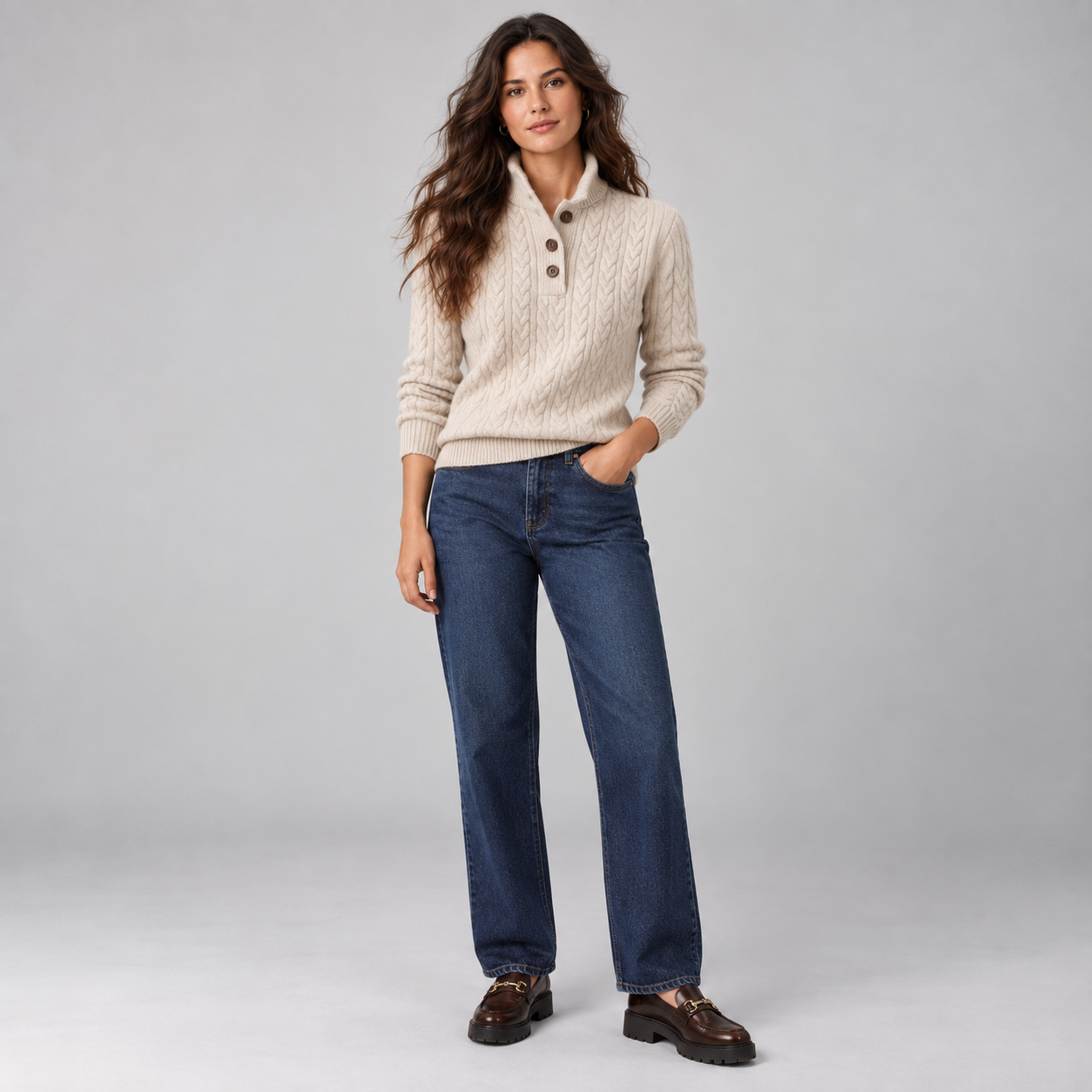 Jersey de mezcla de lana para mujer con patrón de trenza y cuello con botones