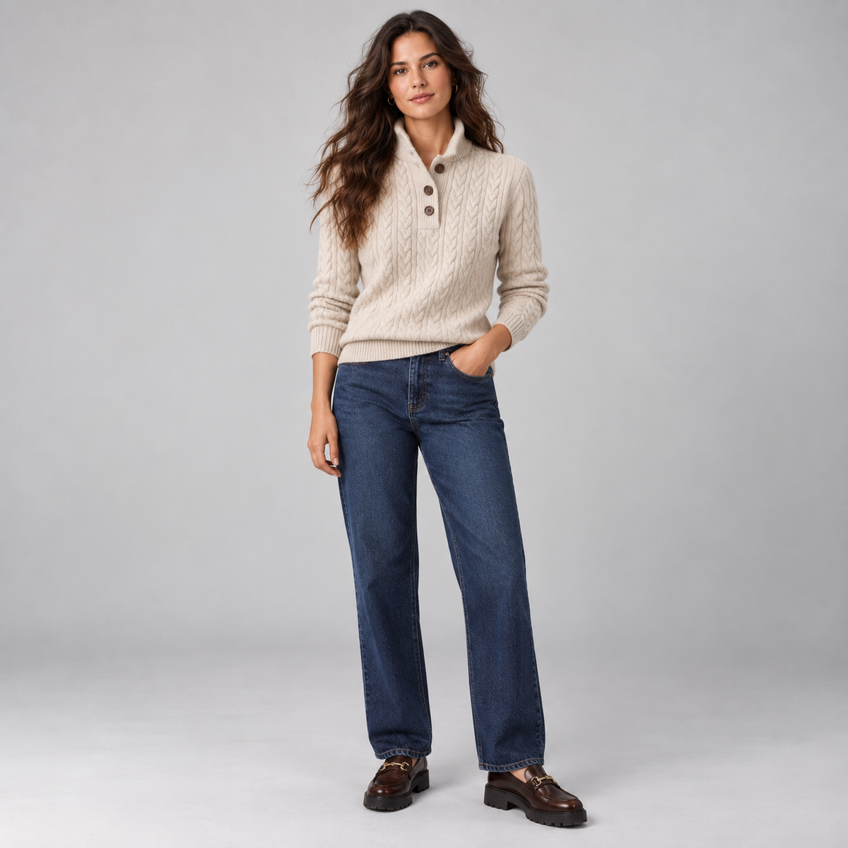 Jersey de mezcla de lana para mujer con patrón de trenza y cuello con botones