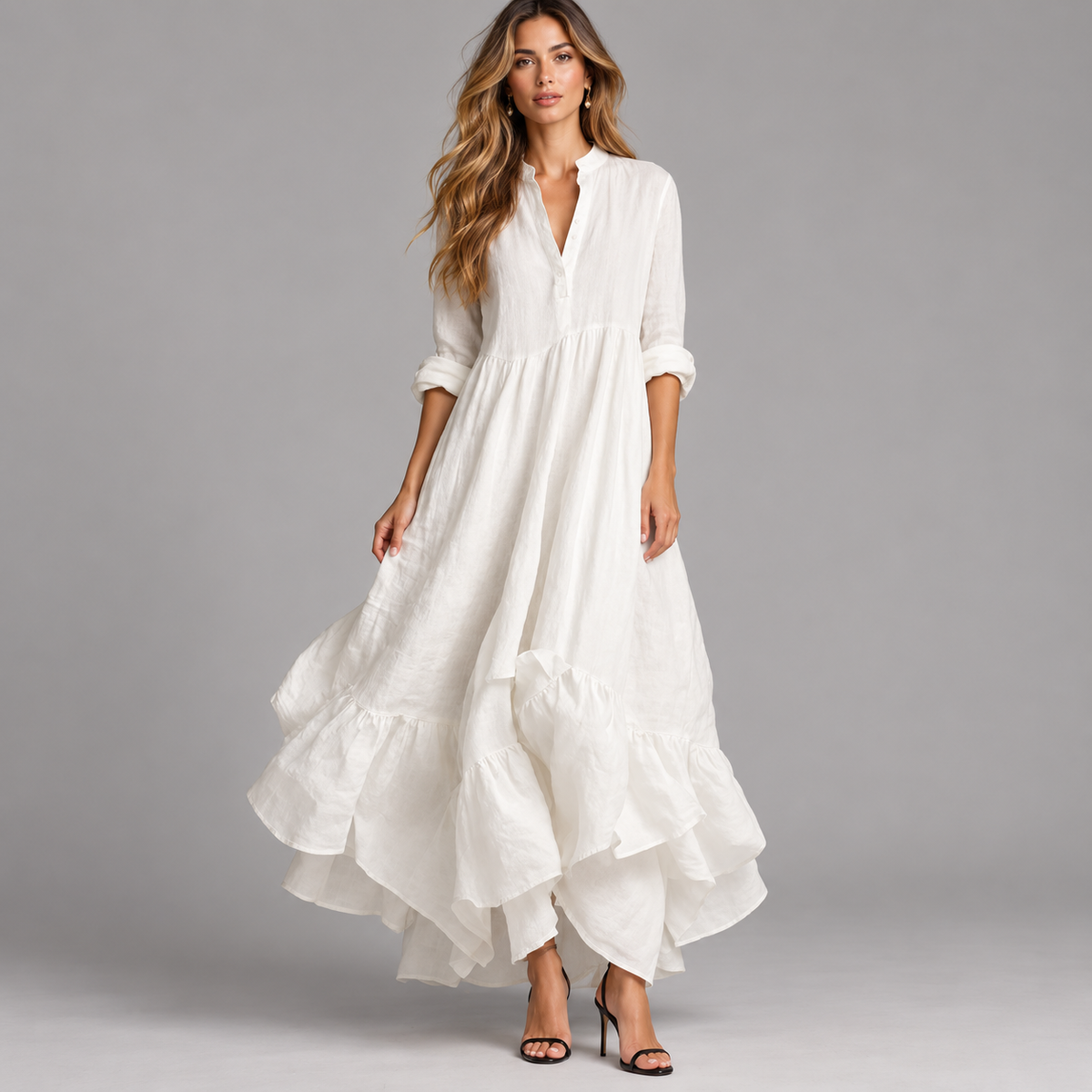 Vestido largo de mujer con escote en V y falda fluida