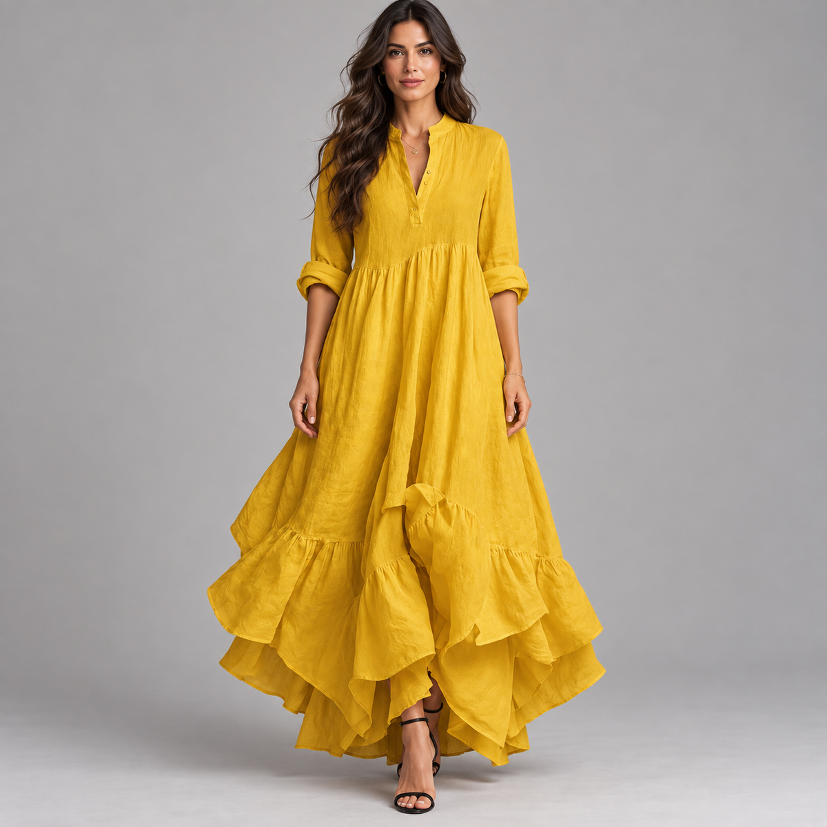 Vestido largo de mujer con escote en V y falda fluida