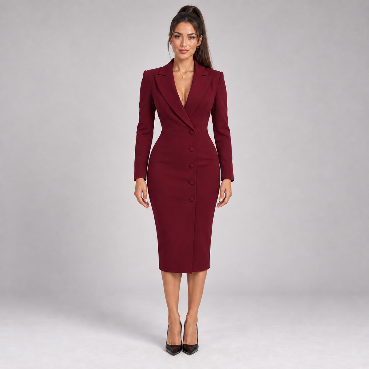 Vestido Blazer Mujer con Escote Cruzado en V y Fila de Botones