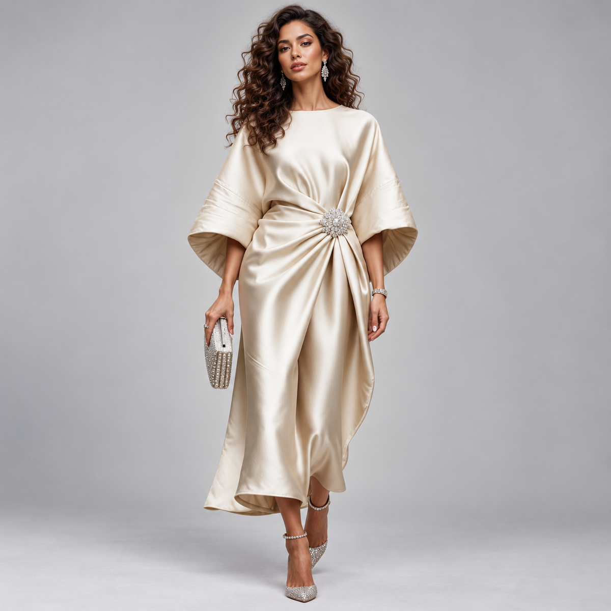 Vestido Midi Cruzado y Acampanado con Mangas Amplias | Corte Fluido y Femenino | Estilo para Bodas y Eventos Especiales