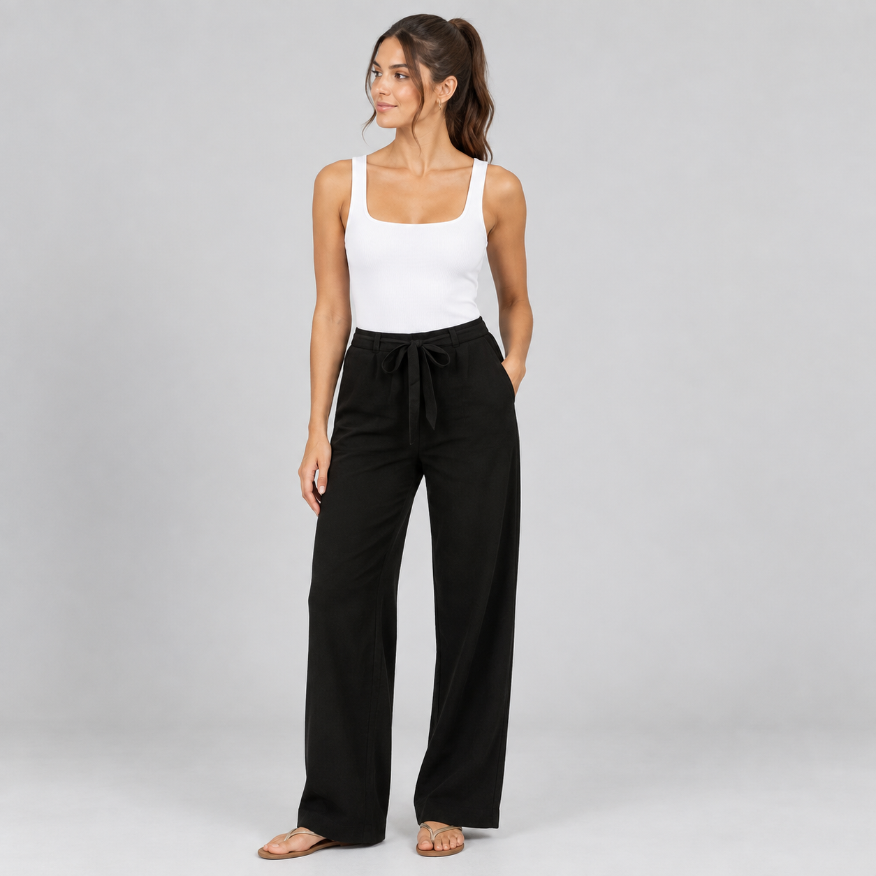Pantalón Recto de Mujer con Cintura Elástica | Cordón Ajustable y Piernas Largas | Corte Fluido para Oficina y Uso Diario