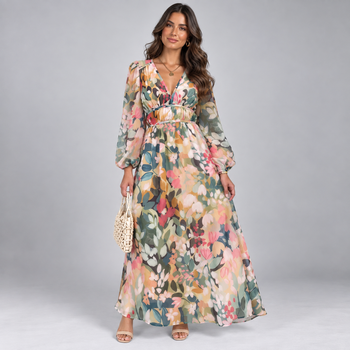 Vestido Largo Estampado con Escote en V y Cintura Alta | Mangas Abullonadas y Corte Fluido | Estilo Bohemio para Cualquier Ocasión