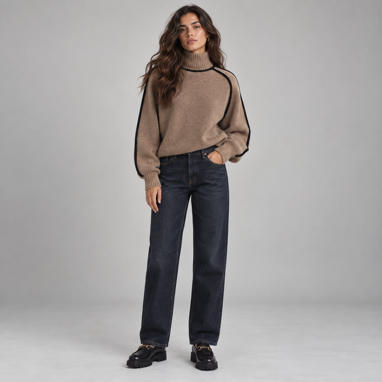 Jersey de cuello alto para mujer con bordes en contraste