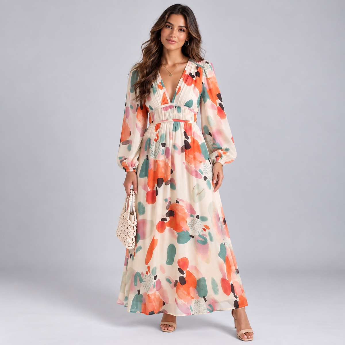 Vestido Largo Estampado con Escote en V y Cintura Alta | Mangas Abullonadas y Corte Fluido | Estilo Bohemio para Cualquier Ocasión