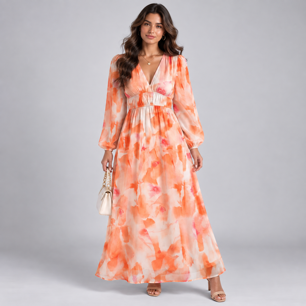 Vestido Largo Estampado con Escote en V y Cintura Alta | Mangas Abullonadas y Corte Fluido | Estilo Bohemio para Cualquier Ocasión
