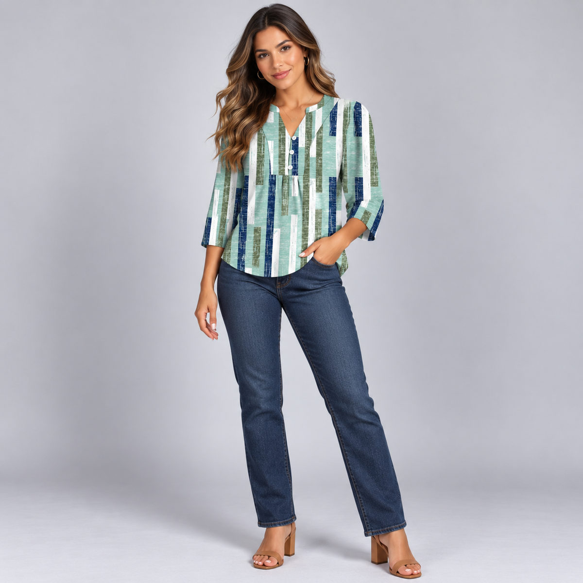 Blusa Bohemia de Mujer con Cuello en V | Corte Holgado | Detalles Plisados, Mangas 3/4, Estilo Versátil | Casual Elegante, Fin de Semana