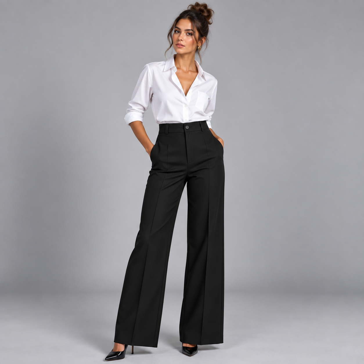 Pantalón de Talle Alto y Corte Recto | Cinturilla Elástica y Pliegues Delanteros | Estilo Versátil para Oficina y Fin de Semana