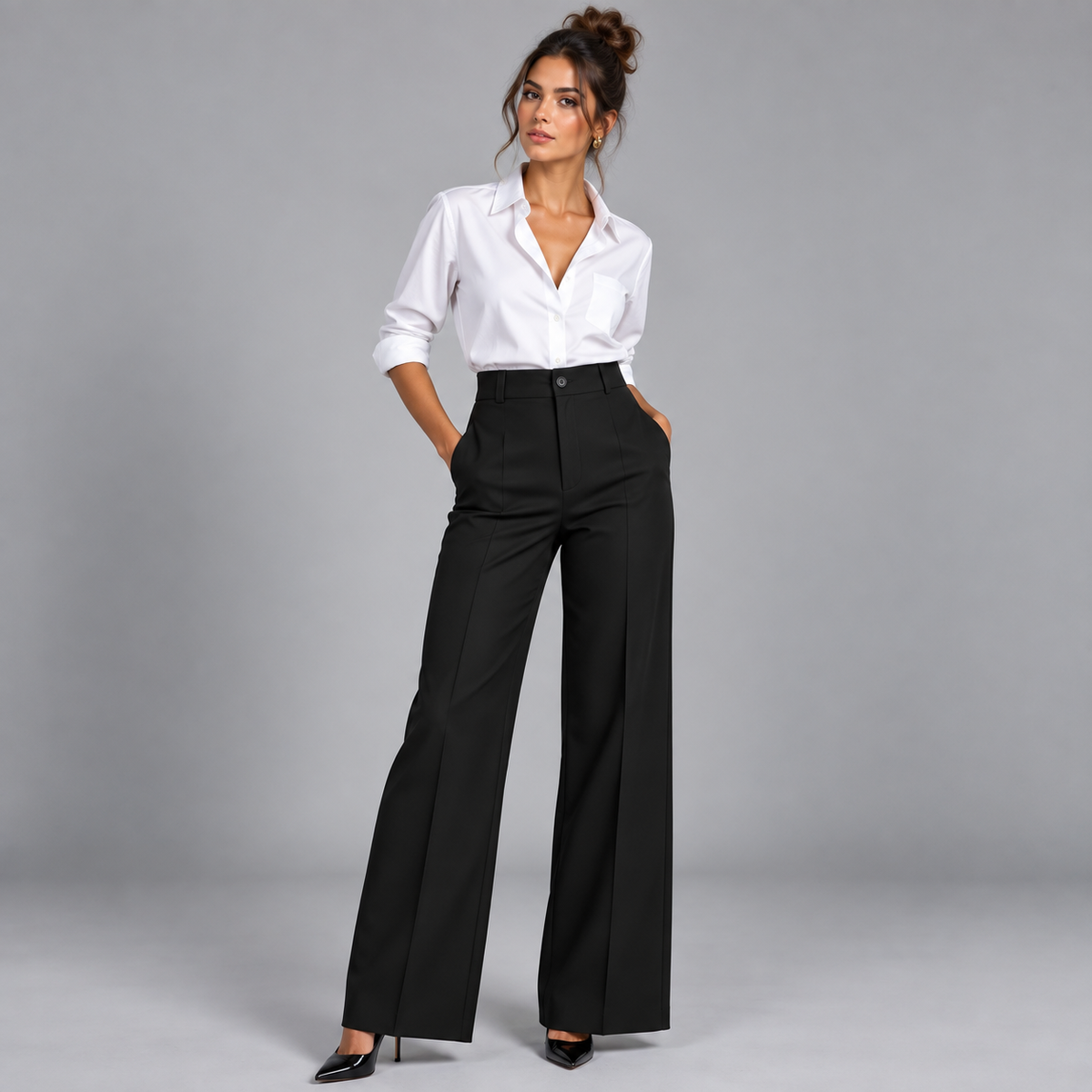 Pantalón de Talle Alto y Corte Recto | Cinturilla Elástica y Pliegues Delanteros | Estilo Versátil para Oficina y Fin de Semana