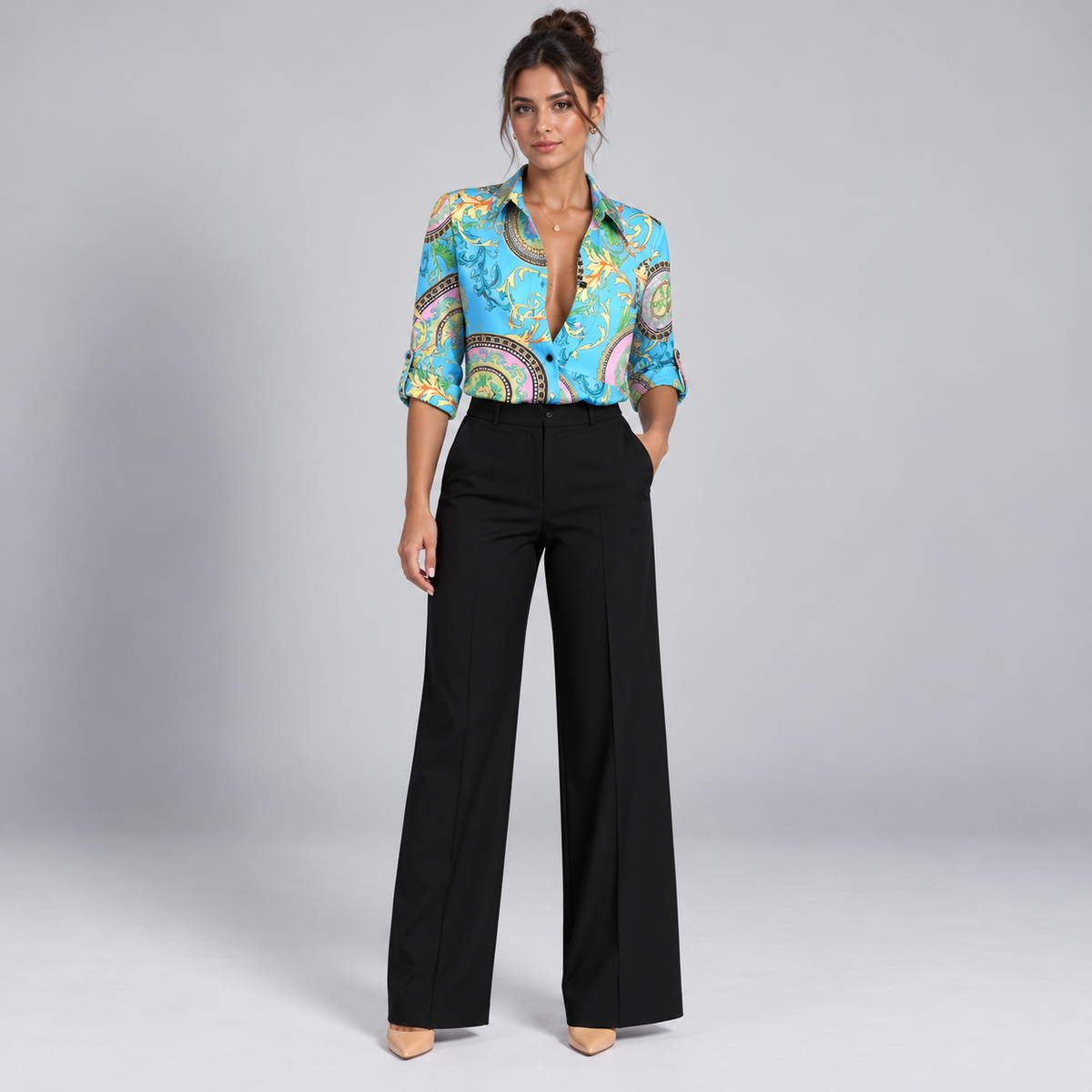 Blusa de Satén para Mujer con Estampado Geométrico | Corte Regular | Abotonada, Manga Larga, Resistente a Arrugas | Ropa de Trabajo, Ropa de Noche