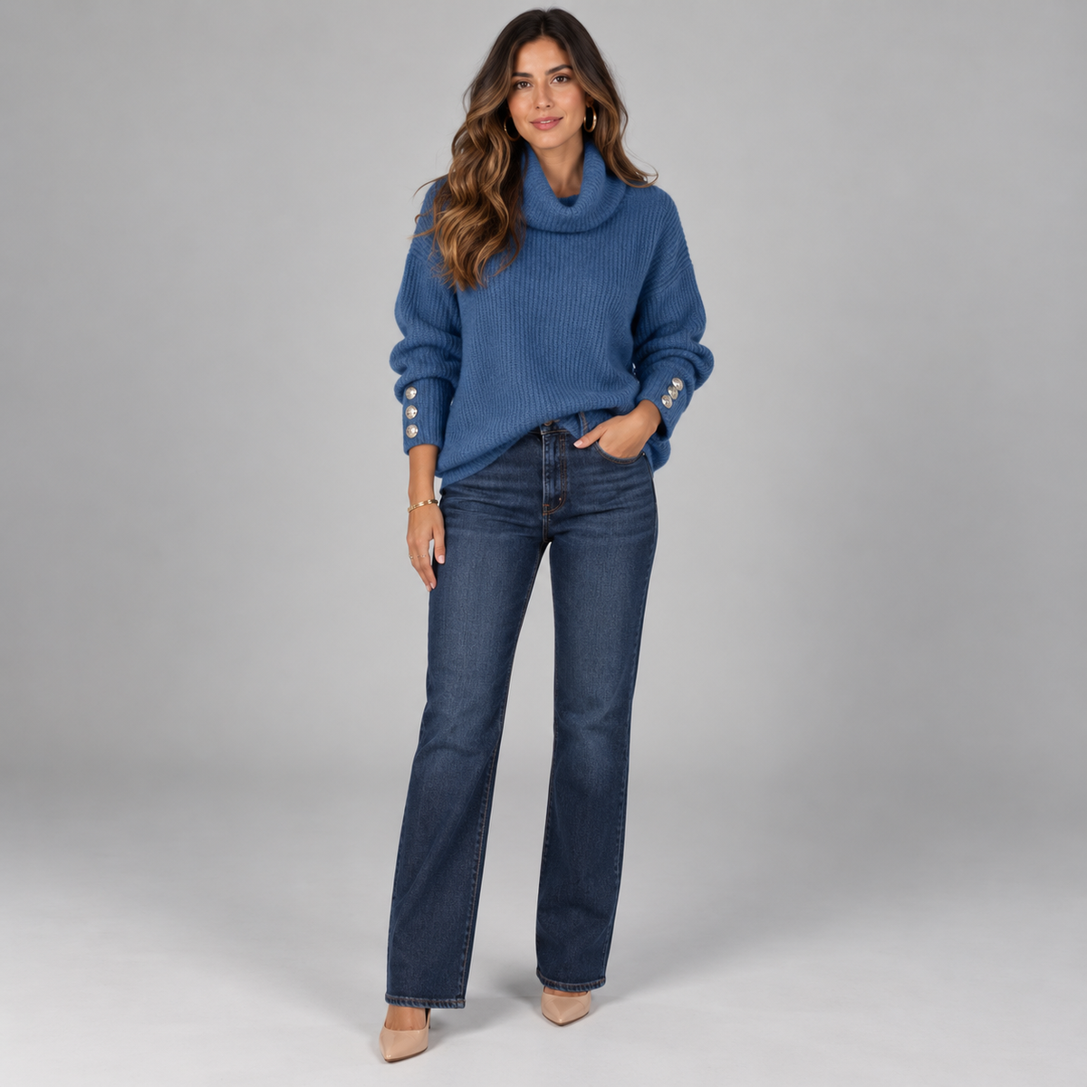 Jersey de punto fino para mujer con cuello alto y detalles de botones