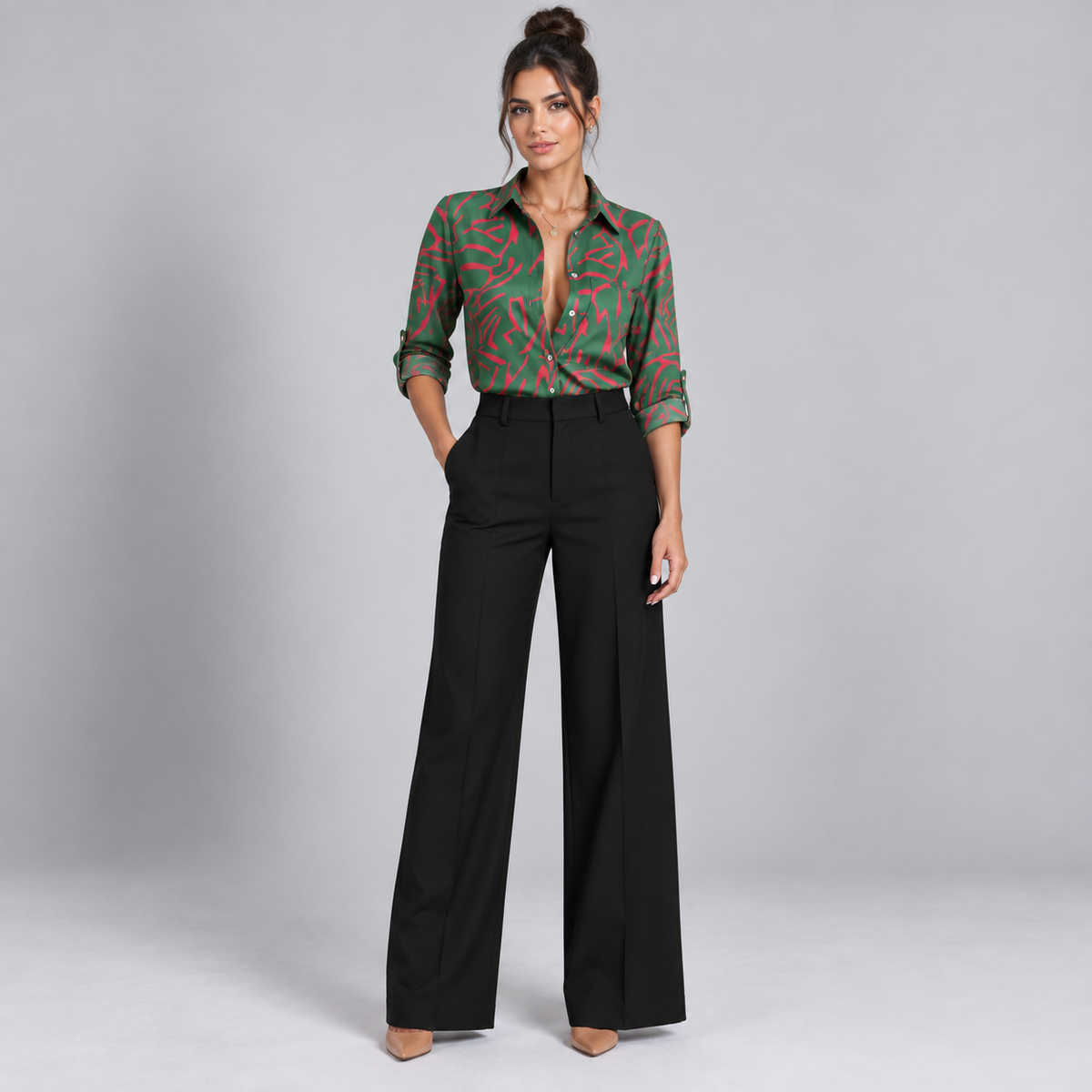 Blusa de Satén para Mujer con Estampado Geométrico | Corte Regular | Abotonada, Manga Larga, Resistente a Arrugas | Ropa de Trabajo, Ropa de Noche