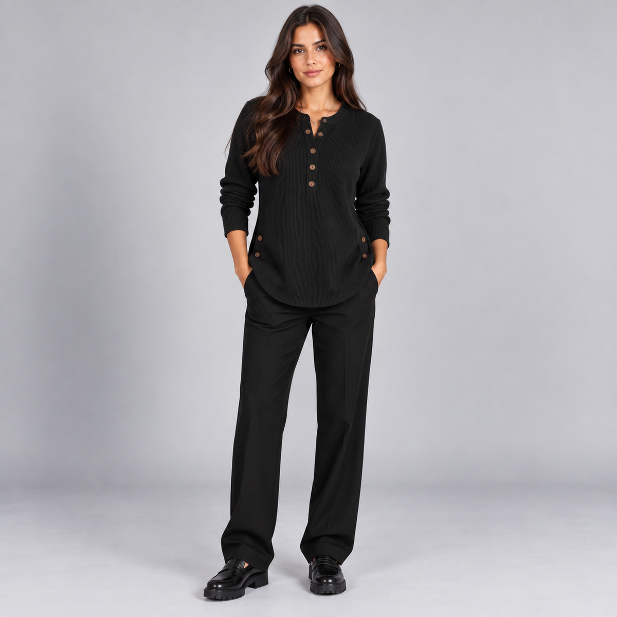 Suéter de punto Henley largo para mujer | Ajuste relajado | Detalles de botones laterales, tapeta de botones flexible | Casual elegante