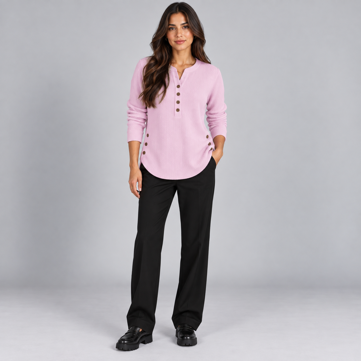 Suéter de punto Henley largo para mujer | Ajuste relajado | Detalles de botones laterales, tapeta de botones flexible | Casual elegante