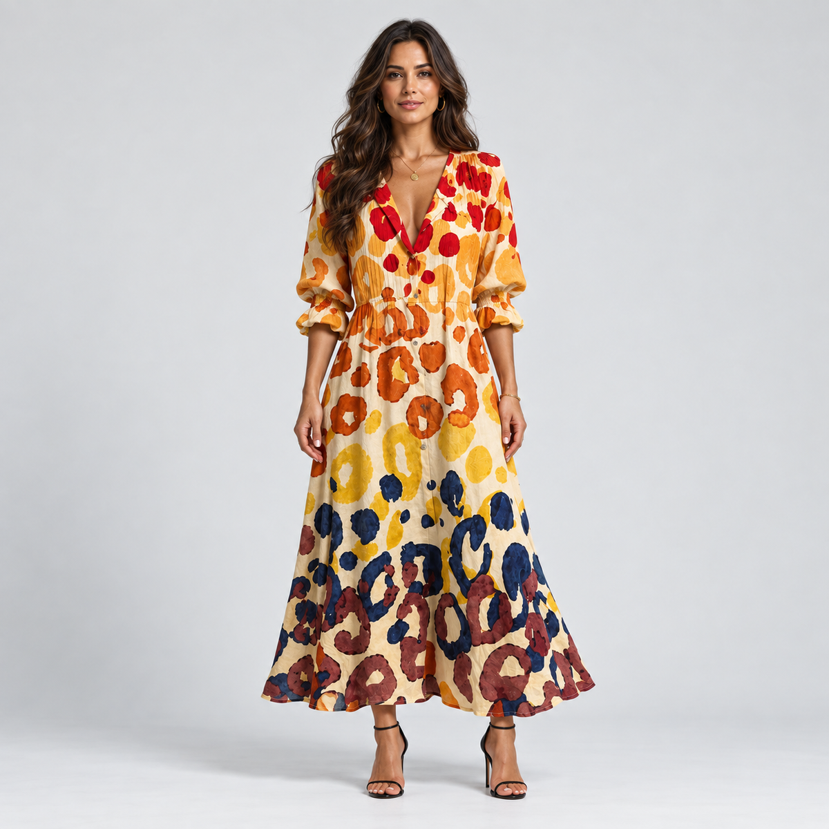 Vestido largo para mujer con escote en V y estampado de flores