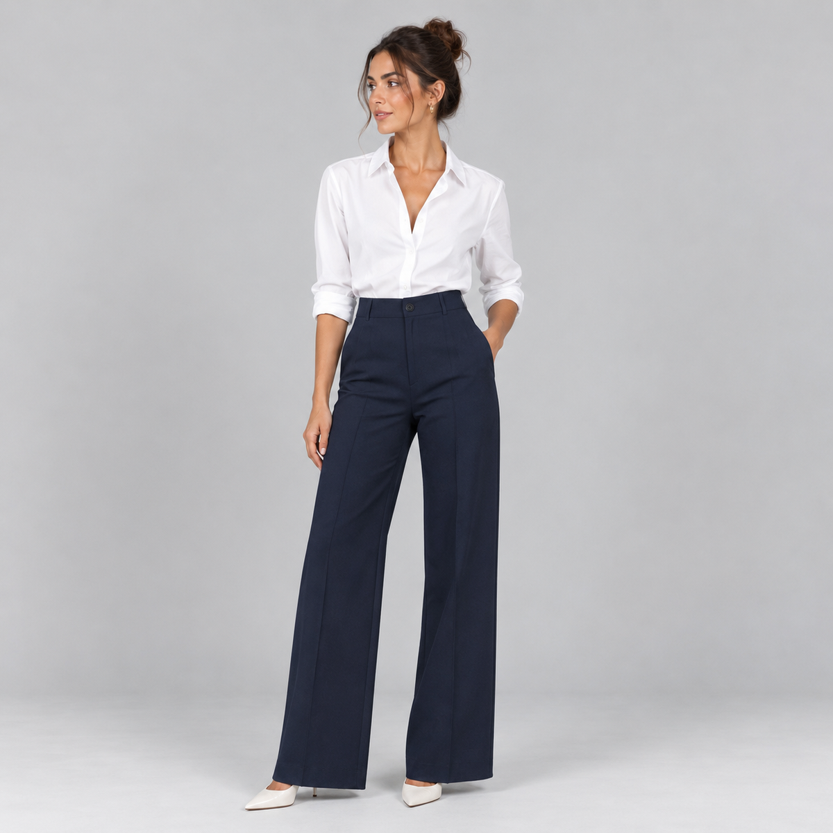 Pantalón de Talle Alto y Corte Recto | Cinturilla Elástica y Pliegues Delanteros | Estilo Versátil para Oficina y Fin de Semana