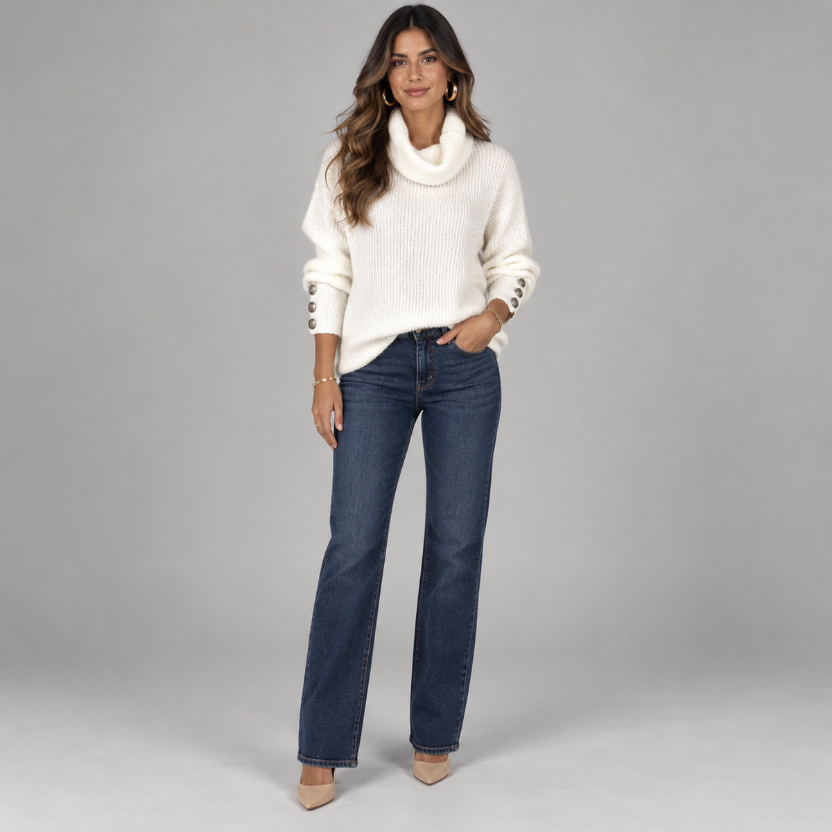 Jersey de punto fino para mujer con cuello alto y detalles de botones