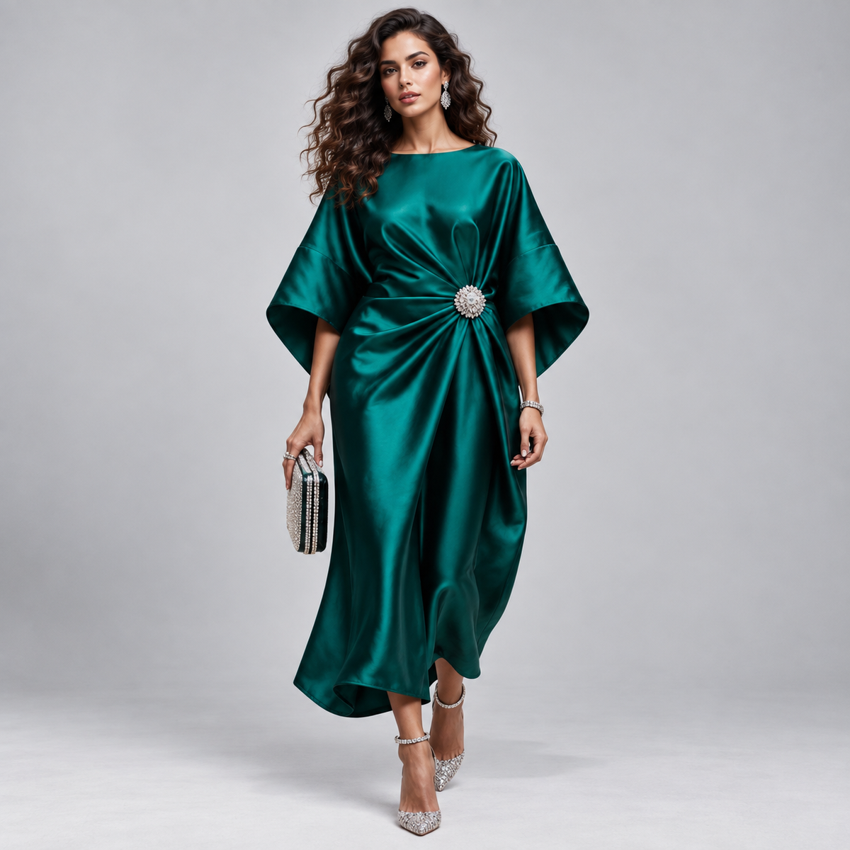 Vestido Midi Cruzado y Acampanado con Mangas Amplias | Corte Fluido y Femenino | Estilo para Bodas y Eventos Especiales