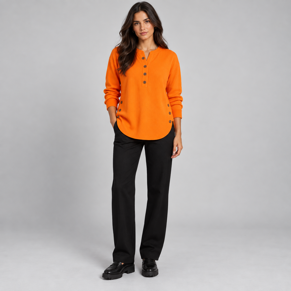 Suéter de punto Henley largo para mujer | Ajuste relajado | Detalles de botones laterales, tapeta de botones flexible | Casual elegante
