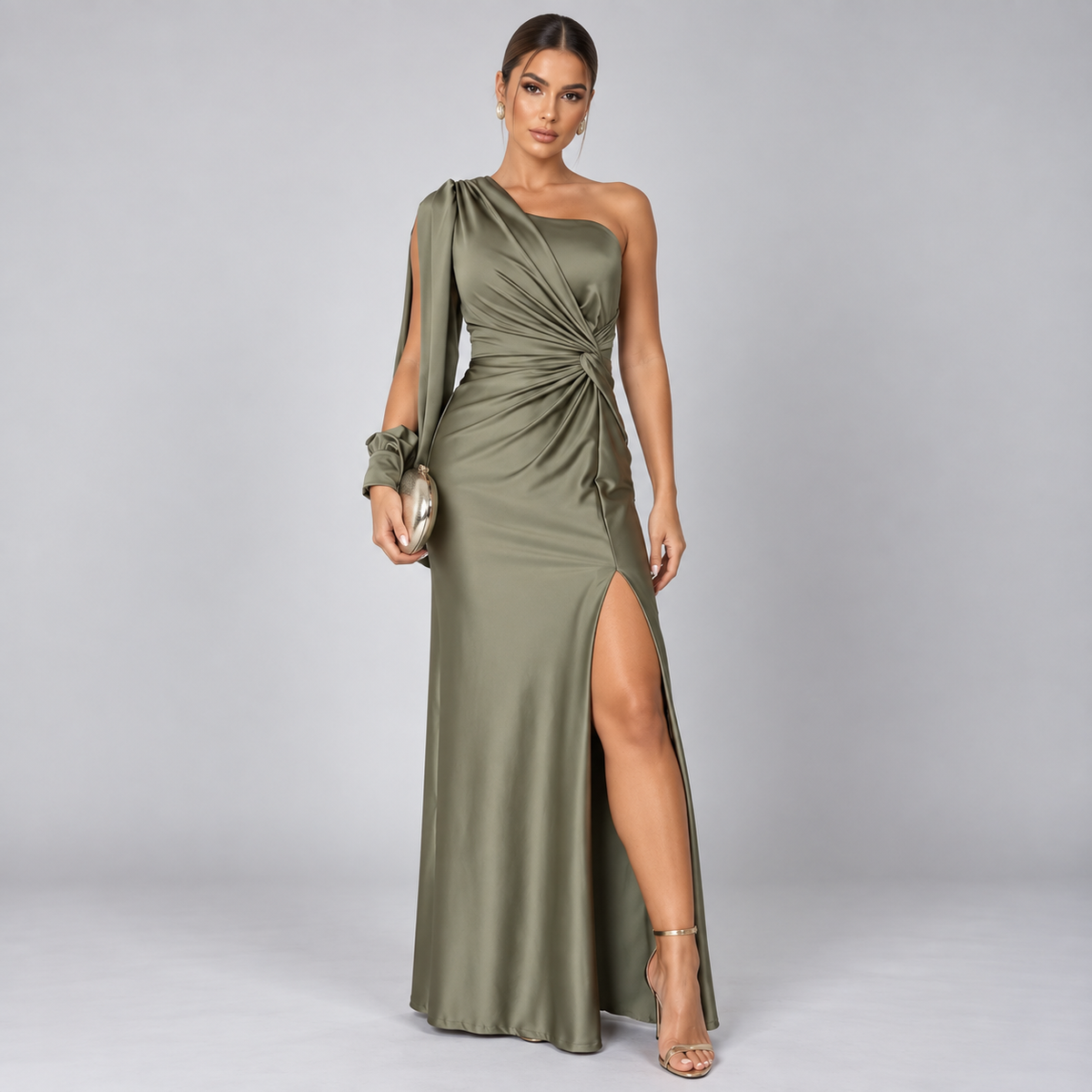 Vestido de Invitada de Boda de Un Solo Hombro | Drapeado y Abertura Frontal | Superficie Sedosa para Eventos Especiales