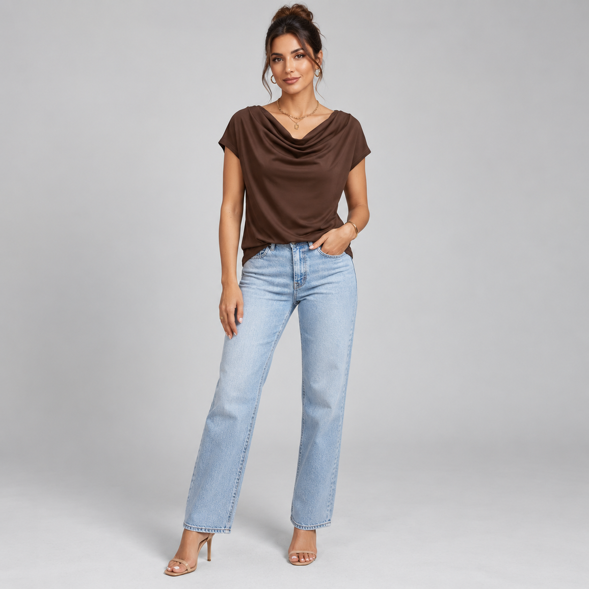 Top de Jersey Elástico para Mujer con Cuello Vuelto | Ajuste Slim | Cuello Alto, Mangas Largas, Comodidad Elástica | De Oficina a Noche