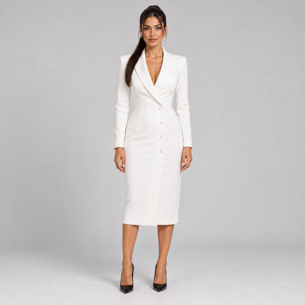 Vestido Blazer Mujer con Escote Cruzado en V y Fila de Botones
