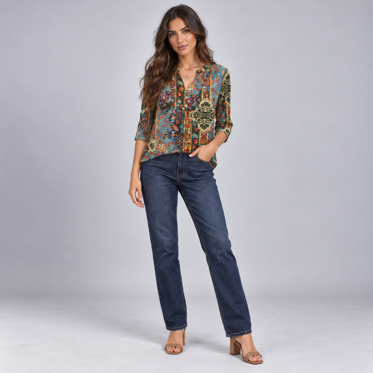 Blusa Bohemia de Mujer con Cuello en V | Corte Holgado | Detalles Plisados, Mangas 3/4, Estilo Versátil | Casual Elegante, Fin de Semana