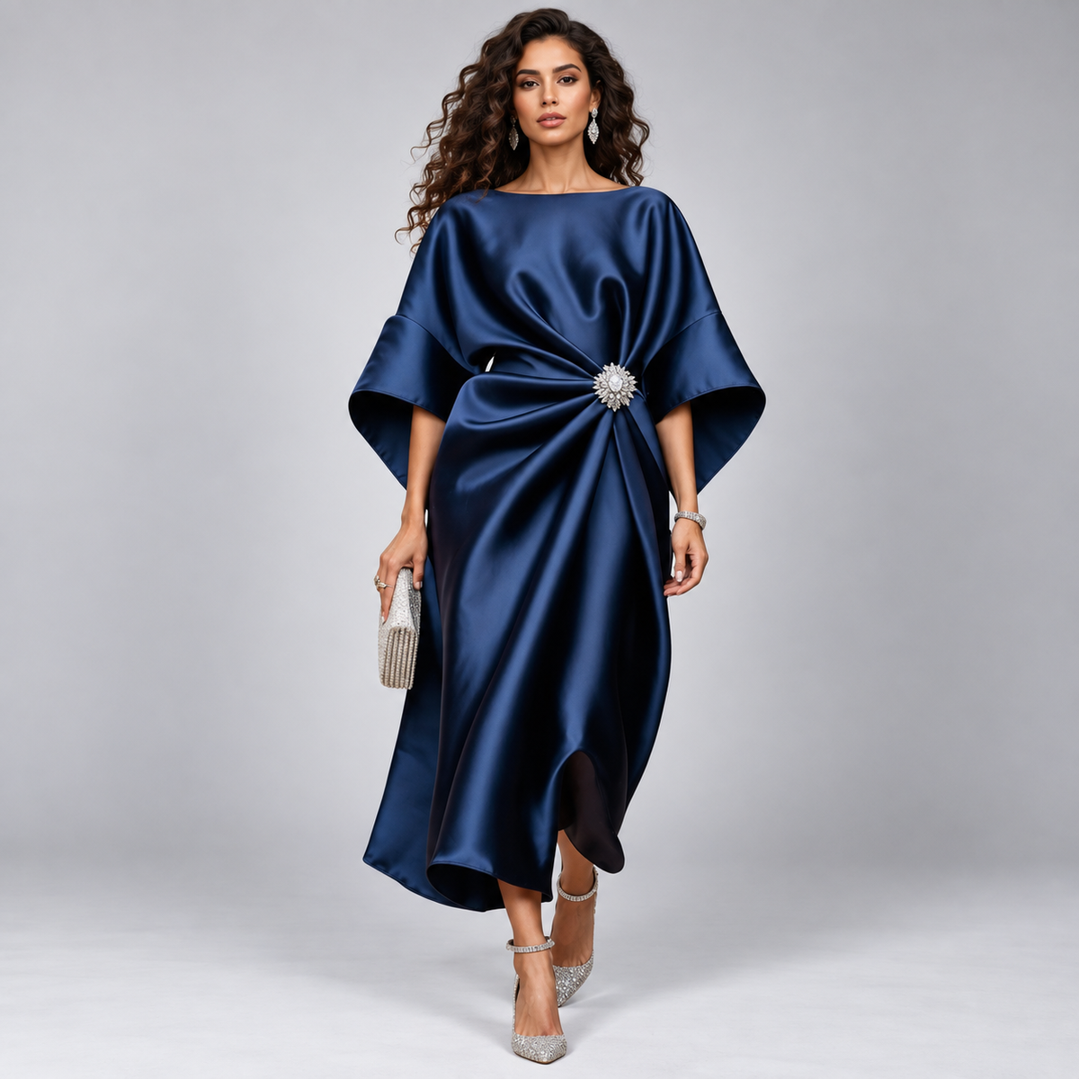 Vestido Midi Cruzado y Acampanado con Mangas Amplias | Corte Fluido y Femenino | Estilo para Bodas y Eventos Especiales