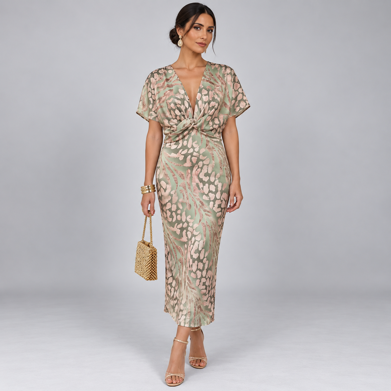 Vestido Midi con Nudo Retorcido en la Cintura | Corte Envolvente y Caída Fluida | Estilo para Bodas y Fiestas de Jardín