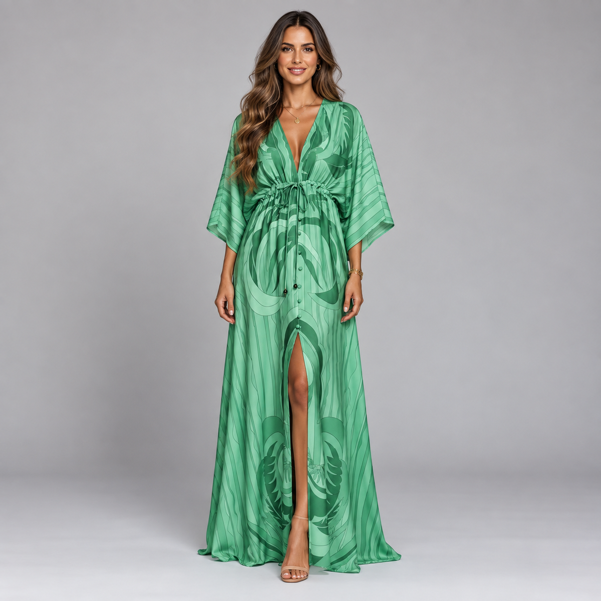 Women's Maxi Dress with V-Neck and Adjustable Belt